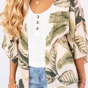 RIP Curl Coco Beach top  pink blush botanical palm cardigan kimono coverup S
